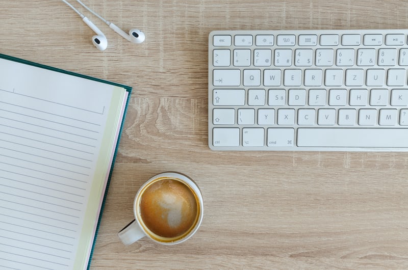 keyboard, notebook and coffee