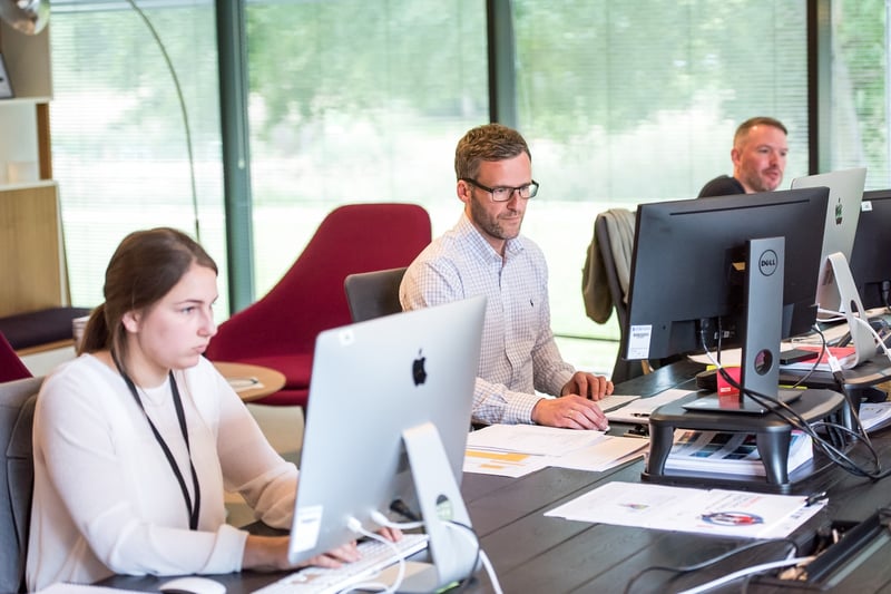 Business professionals working on desktop monitors