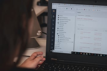 Business professional analyzing laptop